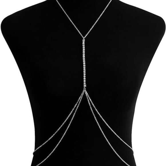 Sexy Body Chains for Women, Layered Rhinestone Crossover Row Diamonds(Sliver) - Picture 6 of 6